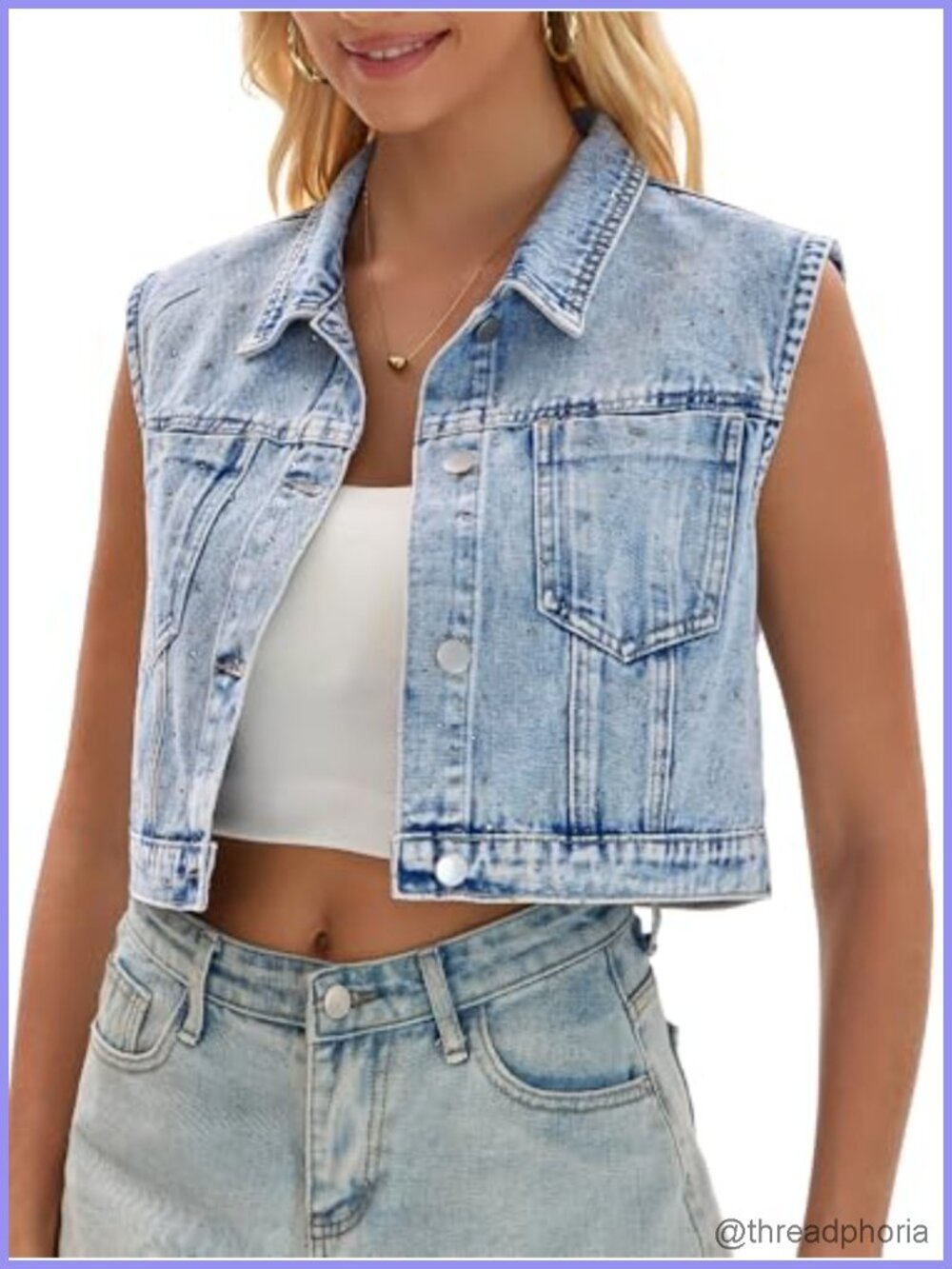 Women's Sleeveless Cropped Denim Vest Rhinestone Western